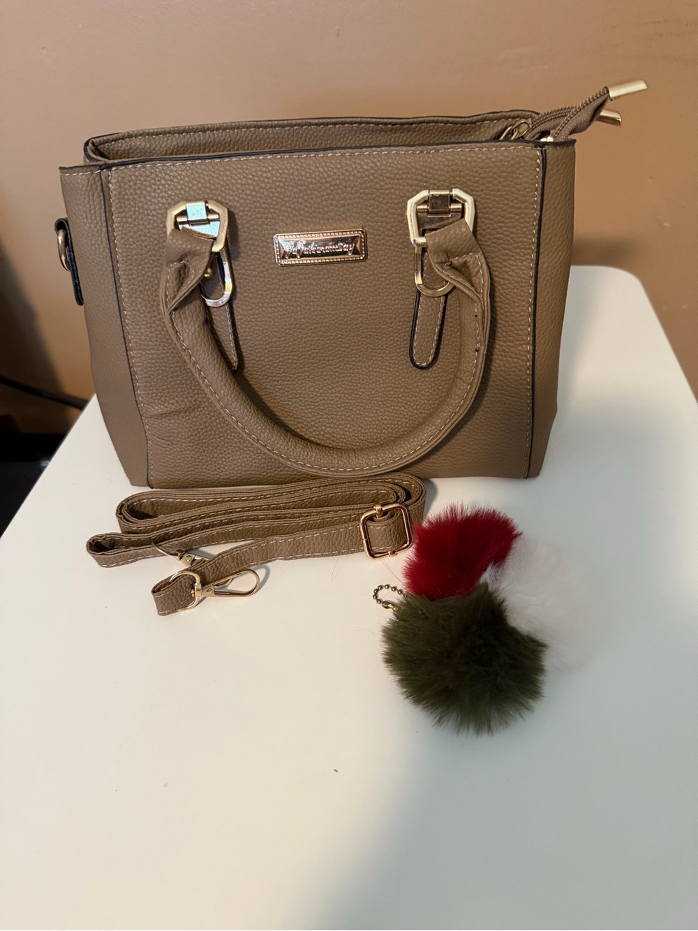 Taupe Women’s Satchel Handbag with Pom Pom Charm